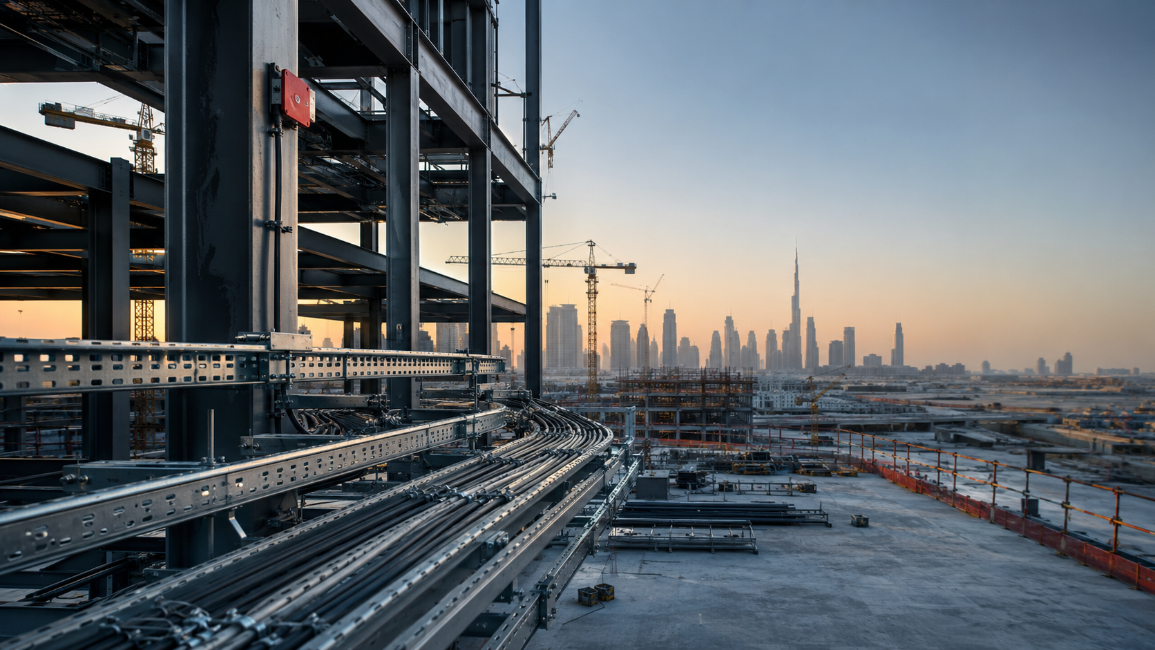 Steel structural framing and cable containment on a UAE high-rise construction site at dusk, with the Dubai skyline in the background